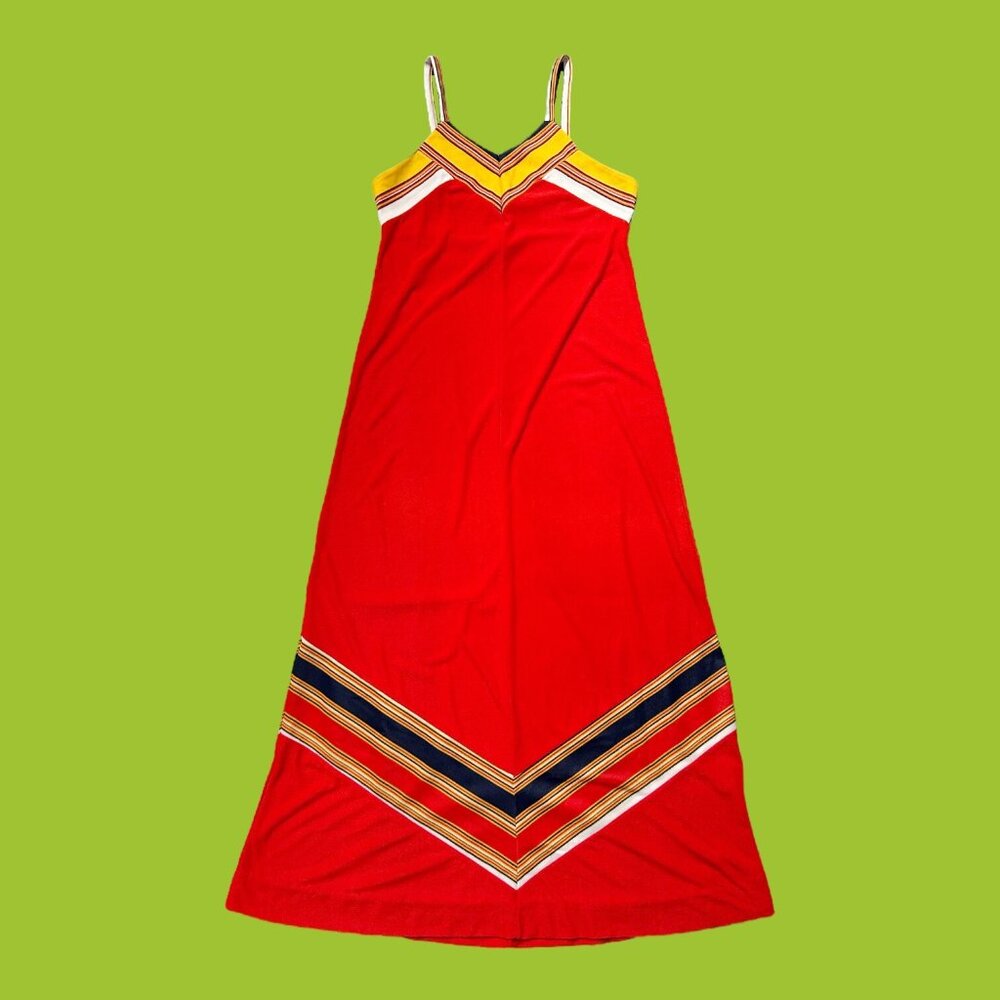 70s Vintage Varsity Stripe Maxi Dress Sporty Colorblock Preppy Long Spaghetti.